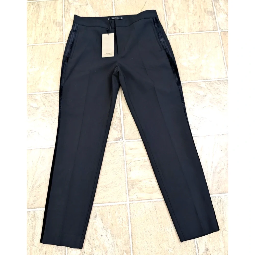 New Zara S Pants velvet tuxedo stripe on sides of legs ankle tux 3820